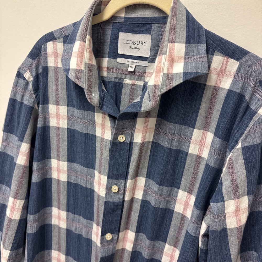 LEDBURY Fine Shirting Men's Shirt Slim Fit 16.5 L‎ Blue Plaid Long Sleeve